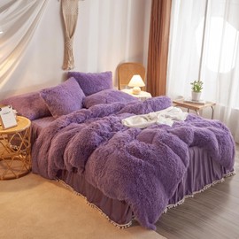 HAIHUA Fluffy Purple Comforter Cover King Set，Faux Fur Purple Comforter Cover Set 3 Pieces(1 Plush Duvet Cover +2 Shaggy Pillowcases) Faux Fur Purple Bedding Sets King,Solid Color (Purple, King)