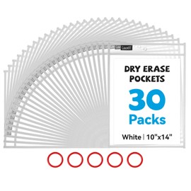 Gamenote 30 Pack White Dry Erase Pockets with 5 Rings, 10x14 Oversized Reusable Plastic Sleeves, Clear Sheet Protectors, Teacher Supplies for Classroom Organization