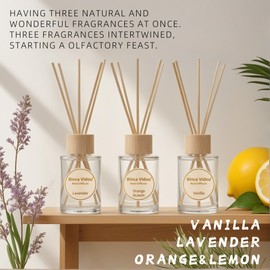 binca vidou Reed Diffuser Set, Lavender Vanilla Orange & Lemon Natural Scent Oil Diffusers with Sticks for Home Office Bathroom Aromatherapy Decor 2.7oz x 3
