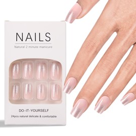 Ladiery French Press on Nails Medium Square, Pink Glitter Reusable lightweight Fake Nails with Glue Tool Kit for Weddings Festival Vacation Gift 24PCS