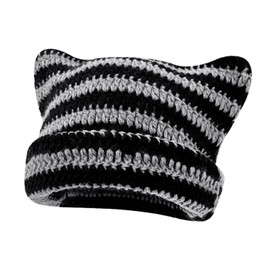 JTMKYO 1 Striped Cat Ear Hat, Crochet Hat for Women, Soft, Casual Striped Hat, Warm Cat Ear Hat, Warm Winter Hat, Women's Hat, Plush Knitted Hat (Black Grey), Black / Grey