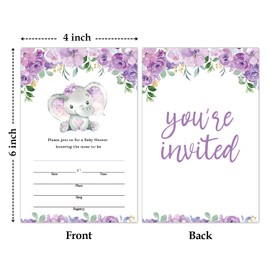 Purple Floral Elephant Baby Shower Party Invitations with Envelopes Set of 25, Elephant Double-Sided Fill-In Invites for Gender Reveal Baby Announcement, Baby Shower Party Supplies Decorations - A005