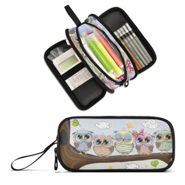 XUWU Cute Owl Bird Large Capacity Pencil Case 3 Compartment Pen box Makeup Pouch Holder Organizer Stationery Bag for School Teen Girl Boy Men Women
