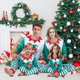 Homlume Family Christmas Pajamas ELF Tee & Striped Bottoms for Men, Small