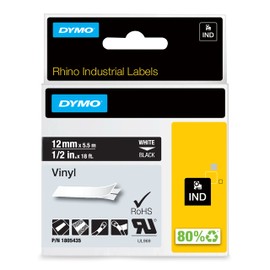 DYMO Rhino-Industrie-Vinyletiketten | 12 mm x 5,5 m | weiß auf schwarz | selbstklebendes Schriftband | für DYMO Rhino und LabelManager Beschriftungsgerät