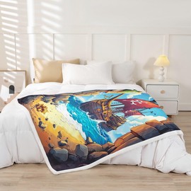 Castle Fairy Pirate Boat Blanket Navigation Treasure Adventure Throw Blanket for Kids Gothic Sugar Skull Sherpa Blanket Warm Lightweight Nautical Throw 50x60 Inch Living Room Decor Blanket