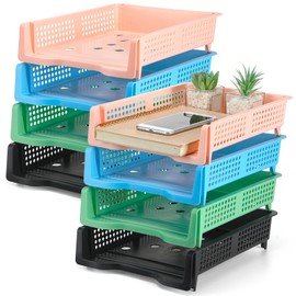 Perkoop 8 Tier Stackable Paper Tray File Trays for Desk Plastic Letter Organizer Paper Sorter Turn in Trays Paper Bin for Classroom Storage Office Home, 4 Colors