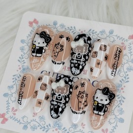 Black Ribbon Meow's handmade nail tips - Oval L / 블랙리본 냐옹이 수제네일팁 - 오벌L