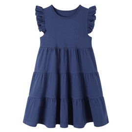 HILEELANG Girl Dress Summer Skate Ruffle Short Sleeve Cotton Casual Navy Blue A Line Swing Tiered Twirly Playwear Sundress 7 Years