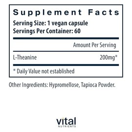 Vital Nutrients L-Theanine 200mg - Vegan Supplement - L Theanine Supplement Supports Normal Stress Levels and Cognitive Function* - Gluten, Dairy and 