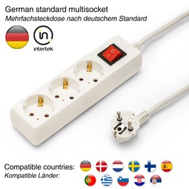 Schuko Power Strip Standard 3 x 16 A, with Switch, 1 m Long Cable, H05VV-F3G1.0MM2, CE