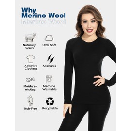 woolcano Women's 100% Merino Wool Base Layer Sets Lightweight Active Base Layer for Ski Black
