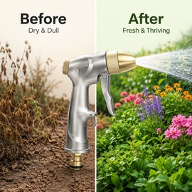 Heavy-Duty Metal Garden Hose Nozzle for Watering & Outdoor Cleaning – 4 Spray Pattern High Pressure Water Gun for Garden and Car Wash