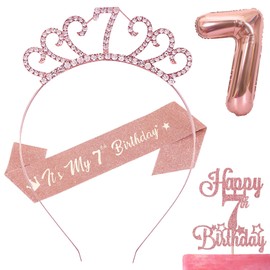 7th Birthday Sash and Tiara Rhinestone Crown for 7th Birthday Decorations Rose Gold