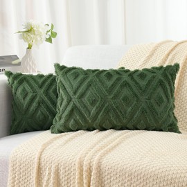 Pallene Spring Soft Faux Fur Throw Pillow Covers 12x20 Set of 2 - Plush Wool Decorative Lumbar Couch Pillow Covers for Sofa Bed Living Room - with 3D Diamond Pattern - Forest Elf