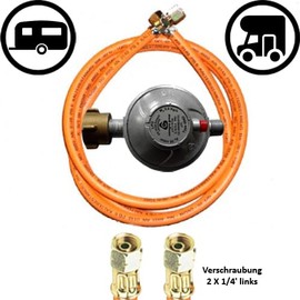 TGO Gasgeräte GmbH 30 mbar Vehicle Pressure Regulator + Gas Hose Winterproof 2 x 1/4 Inch Left Union Nut (30 mbar + 80 cm Gas Hose)