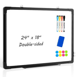 Double-Sided White Board, 24" x 18" Dry Erase Board Magnetic White Board for Wall, Black Aluminium Frame Hanging Mounted Whiteboard for Home, School, Office, Kitchen
