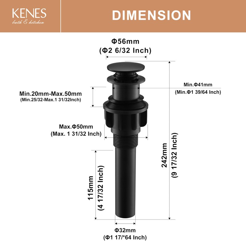 KENES Bathroom Vessel Sink Pop Up Drain Without Overflow Assembly,