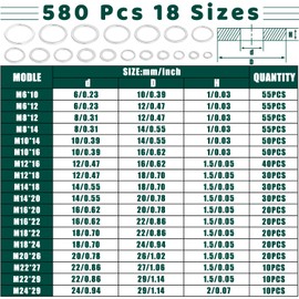 580 Pieces Oil Drain Plug Gasket Kit, 18 Sizes Aluminum Crush Washer Oil Drain Plug Assortment, Automotive Engine Crush Washers M6 M8 M10 M12 M14 M16 M18 M20 M22 M24 for Sealing Engine Maintenance