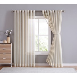 LinenZone Extra Large Sheer Room Divider Curtains. Pair of 2 Faux Linen Grey Silver Backdrop Curtain Panels for Extra Wide Windows, Bay Windows, or Wedding Backdrop. (Karina 108 x 100, Beige)