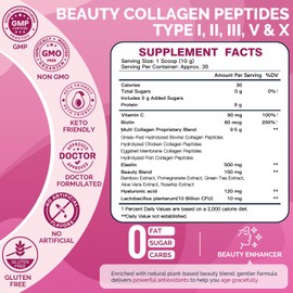 DRFOSTER Multi Collagen Peptides Powder for Women - Type I, II, III, V, X, Hydrolyzed Collagen Powder with Beauty Complex, Vitamin C & Biotin for Skin Hair Nail Joint, Non-GMO, 35 Servings