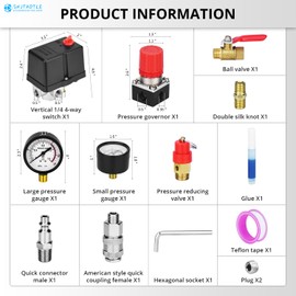 Universal Air Compressor Pressure Switch Control Valve (90-120 PSI, 110V-240V) with 0-180 PSI Regulator and Safety Pressure Relief Valve - 4 Way Replacement Part (One way-C5)
