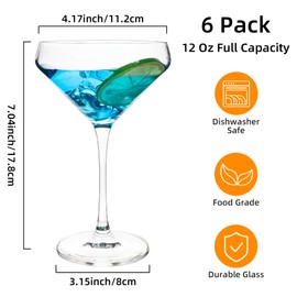YARYOUNG 12Oz Martini Glasses Set of 6 Dishwasher Safe Long Stem Crystal