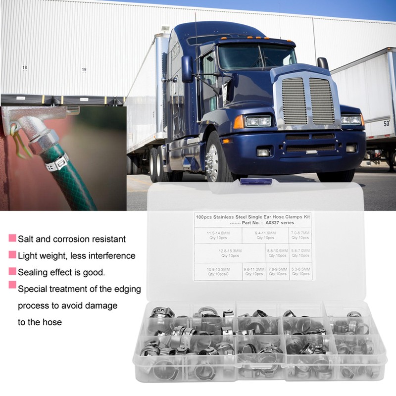 100pcs Stainless Steel Single Ear Hose Clamp Crimp Stepless Assortment