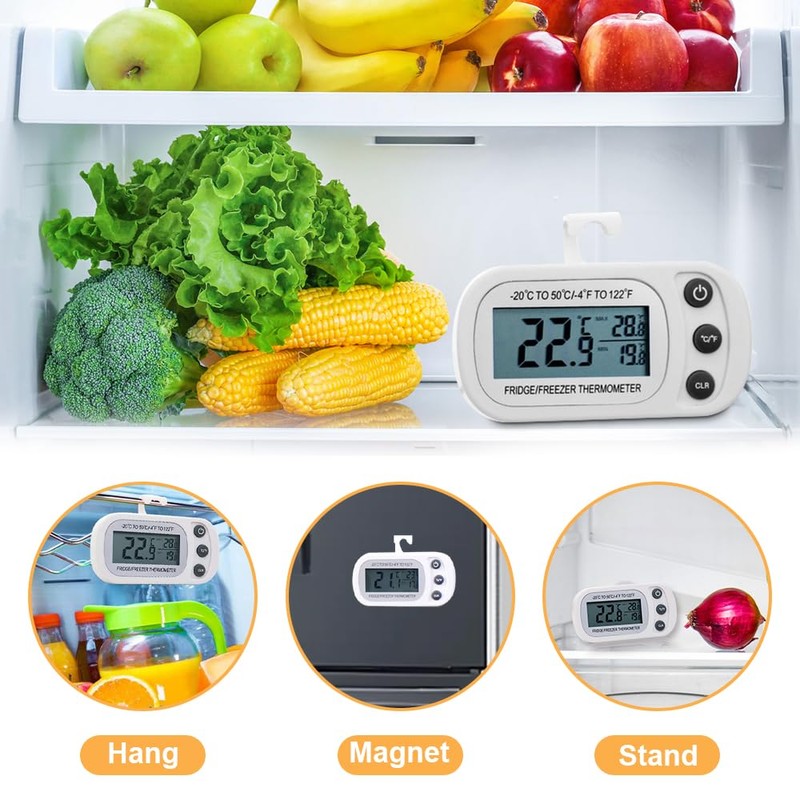 Fridge Thermometer Digital, Afenau 4Pcs Fridge Freezer Thermometer with Hook,