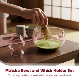 Toyosport Matcha Bowl and Whisk Holder Set, Clear Pink Glass Matcha Bowl with Drip-Free Spout and Glass Whisk Stand, Elegant Matcha Tea Ceremony Set for Daily Matcha Preparation Serving