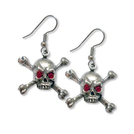 Gothic Skull and Crossbones Dangle Earrings with Red Austrian Crystal Eyes