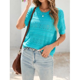 Famulily Womens 2025 Summer Short Sleeve Sweater Crochet Lightweight Crew Neck Jumpers Boho Knitted Tops Teal S