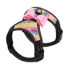 Beirui Rhinestone Dog Harness - Reflective Bling Nylon Dog Vest with Sparkly Bow Tie for Small Medium Large Dogs Walking,Wedding and Party,Pink Colored Rhinestones,M