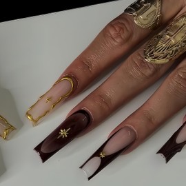 Long Press on Nails Square Fake Nails Brown False Nails French Artificial Nails Exra Long Nails with Gold Charm Designs XL Acrylic Nails Press ons Stick on Nails for Women 24pcs