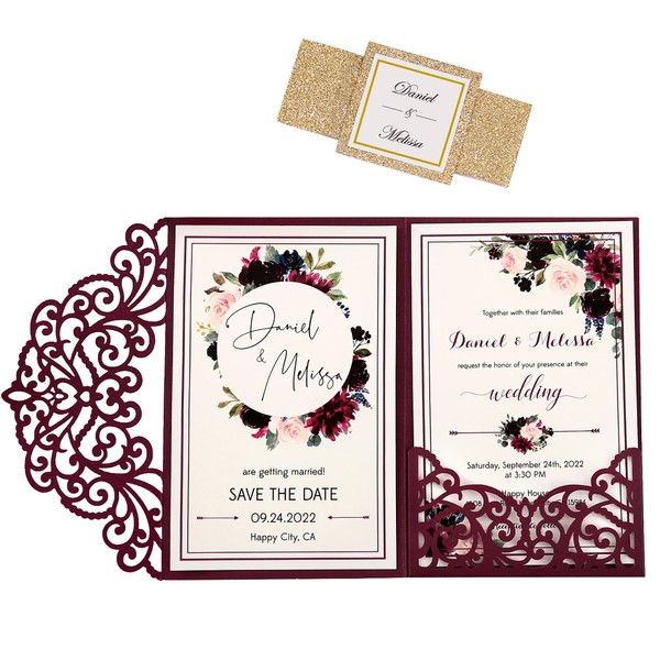 DreamBuilt 4.7 x7 inch 50PCS Blank Burgundy Laser Cut Wedding Invitations With Envelopes Kit Hollow Rose Pocket And Gold Glitter Belly Band for Wedding Bridal Shower Engagement Invite