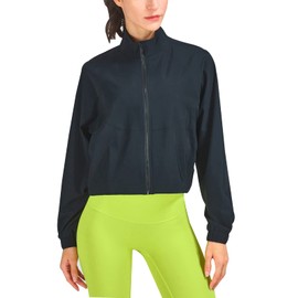 Vsaiddt UPF 50+ Workout Running Jackets for Women Long Sleeve Sun Protection Lightweight Cropped Athletic Zip Up Jacket (L, Black)