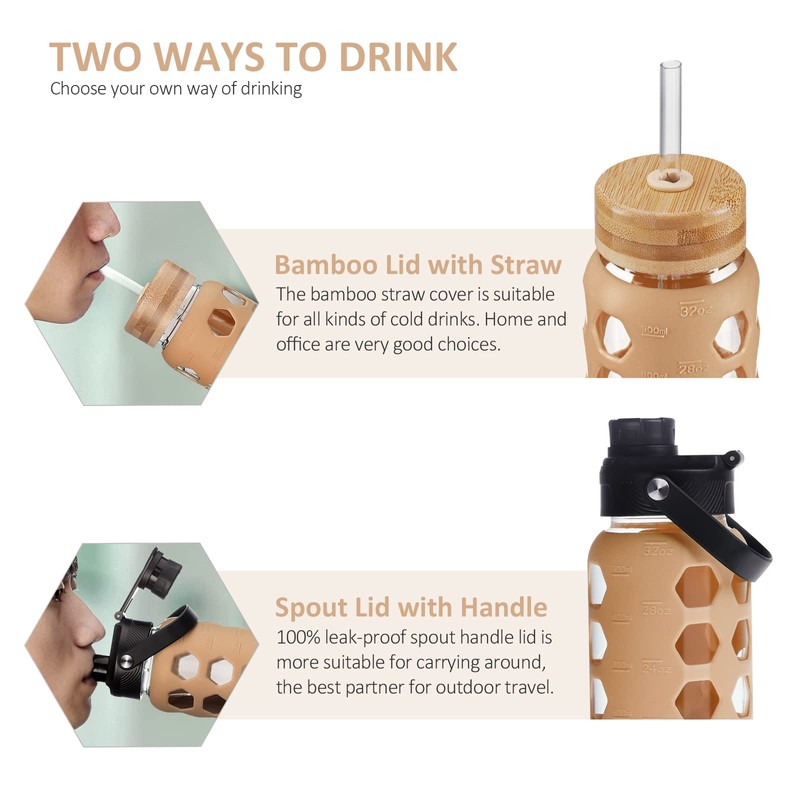MUKOKO 32oz Glass Water Bottles with 2 Lids-Handle Spout Lid&Bamboo