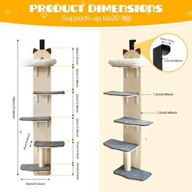 5-Levels Door Hanging Cat Climber, Vertical Door-Mounted Cat Tree Tower with Full Carpeted Plank & Cat Scratching Post for Small Medium Cats (5-Levels, Cat Head Style)