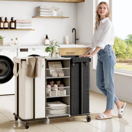 WOWLIVE Laundry Sorter 2 Section 200L Rolling Laundry Hamper with Hanging and Removable Bags Laundry Cart with Steel Frame and Storage Unit Large Basket Organizer for Dorm, Bathroom (Beige and Black)