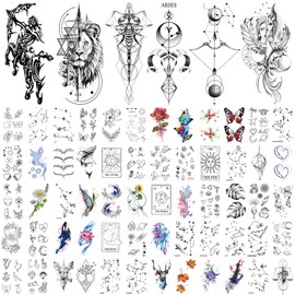 77 Sheets Temporary Tattoo, 17 Sheets Half Arm Lion Owl Antelope Rose Butterfly Constellation Chest Tattoos for Adults Men Women, 60 Sheets Small Tattoos Stickers for Boys Girls Kids Body Art Design
