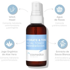 Cosmedica Skincare TONICO FACIAL HIDRATANTE. Minimiza el tamaño de los poros, minimiza, calma y desinflama la piel. Con agua de rosas y Witch hazel.