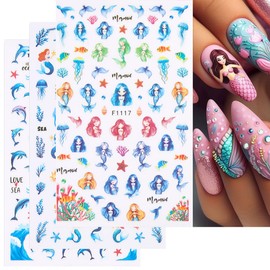 5 Sheets Summer Fantasy Blue Nail Art Stickers - Mermaid Princess Dolphin Fish Design 3D Self Adhesive Nail Stickers Acrylic Nail Decals Accessories Nail Art Supplies for Women DIY Decorations
