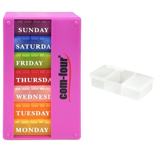 com-four® Medicine Dispenser 7 Days in English - Weekly Dispenser for Morning, Noon, Evening, Pill Box with 3 Compartments for Travel [English] (Purple)