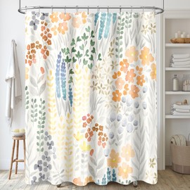 MAYZUS Colorful Floral Shower Curtain, Orange Boho Flower Fabric Shower Curtain, Cute Funky Watercolor Wildflower Shower Curtain Set, Cottagecore Bohemian Bathroom Decor, 72x72