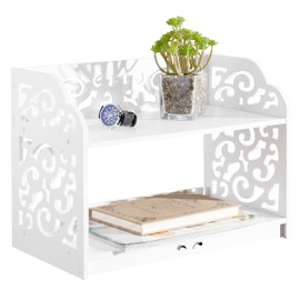 MyGift 2 Tier Vintage White Desktop Bookshelf Organizer Display Stand with Scrollwork Cut Out Design for Home Office Desk, Living Room, Bedroom