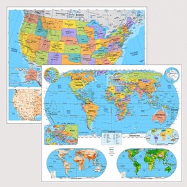 US & World Intermediate Laminated Classroom Map Pack by BrightWay Educational | 36" x 30" Educational Wall Maps | Bright Colors | Large Fonts | Grades 6+ | Geographical Features | National Capitals & Major Cities (With Educational Panels)