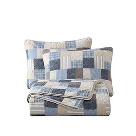 Douglas 3-Piece Printed Patchwork Cotton Quilt Set - Floral Plaid Striped Multicolor - Stone Washed Lightweight Bedspread, Queen Size