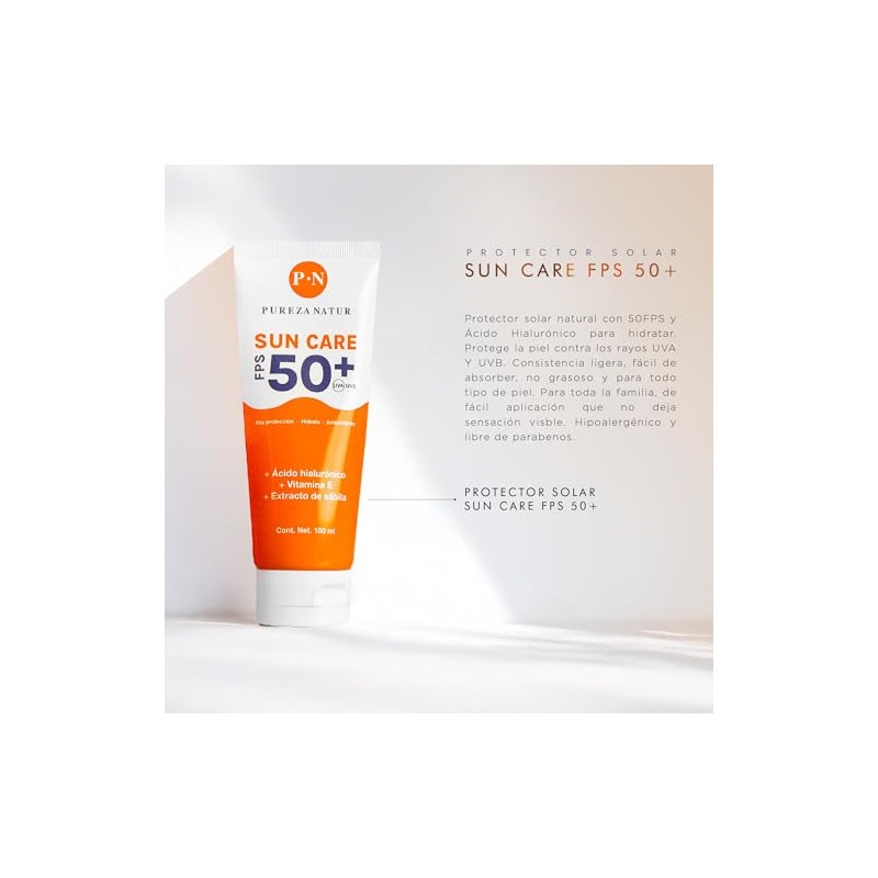 PUREZA NATUR Protector solar facial FPS 50+ con Acido Hialurónico.