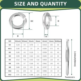 Spring Lock Washers, 455 Pcs Split Lock Washers, 304 Stainless Steel Spring Lock Washers, with Tweezers, M2, M2.5, M3, M4, M5, M6, M8, M10, M12, Lock Washers Assorted Kit for Screws Bolts
