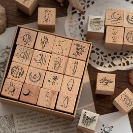 Namvo 16 Pieces Wooden Moon and Star Stamp Set Decorative Stamp Set Wooden Universe Planet Stamps for DIY Crafts Card Making Calendar